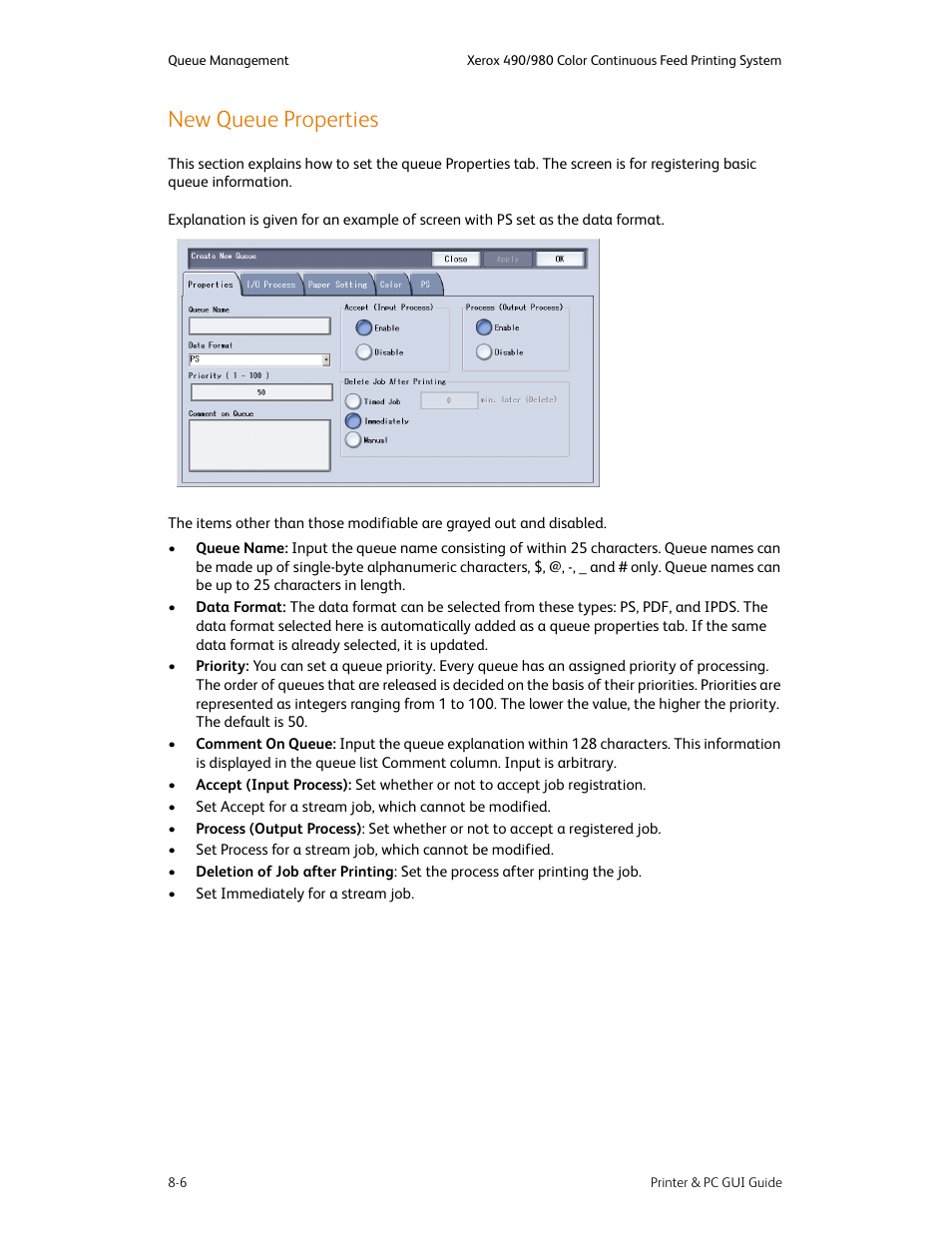New queue properties, New queue properties -6 | Xerox 490 User Manual | Page 118 / 262