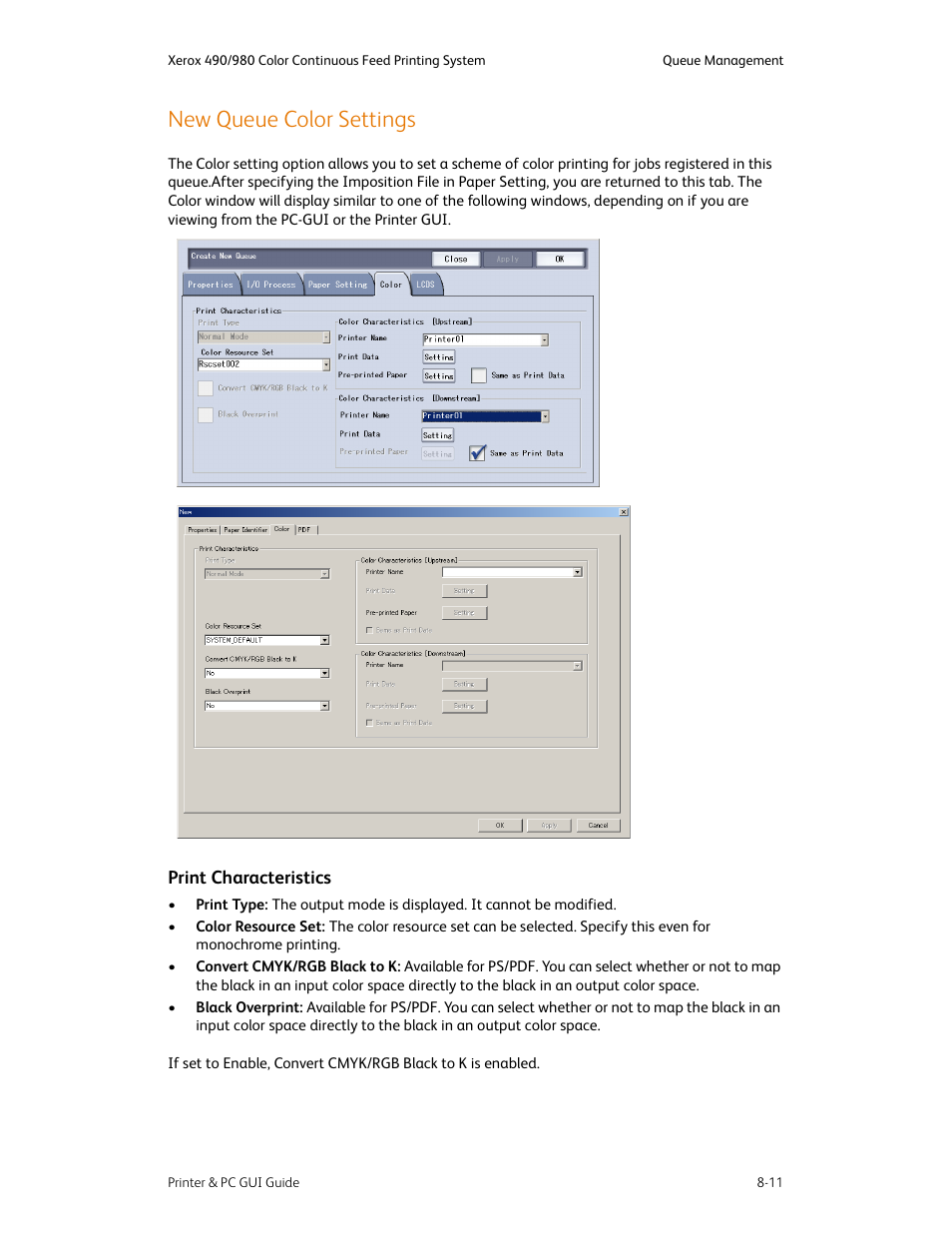 New queue color settings, New queue color settings -11, Print characteristics -11 | Xerox 490 User Manual | Page 123 / 262