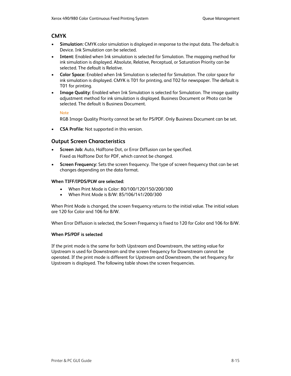 Cmyk -15 output screen characteristics -15 | Xerox 490 User Manual | Page 127 / 262