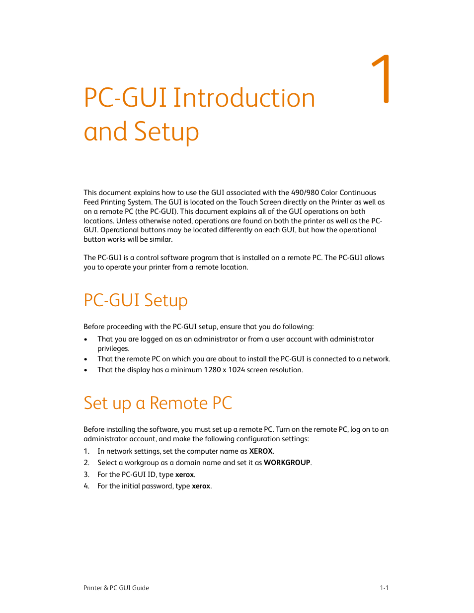 Pc-gui introduction and setup, Pc-gui setup, Set up a remote pc | Pc-gui introduction and setup -1, Pc-gui setup -1 set up a remote pc -1 | Xerox 490 User Manual | Page 13 / 262