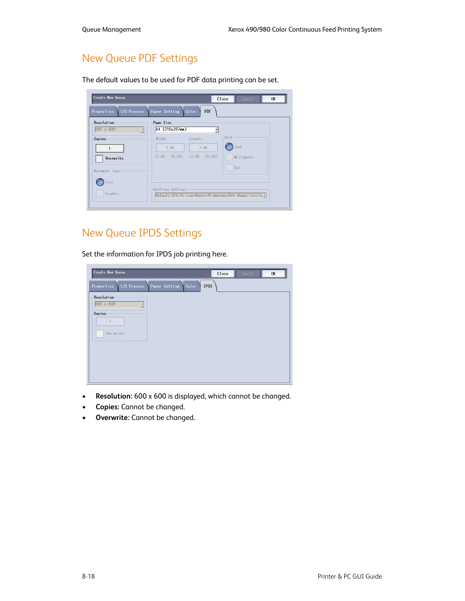 New queue pdf settings, New queue ipds settings | Xerox 490 User Manual | Page 130 / 262