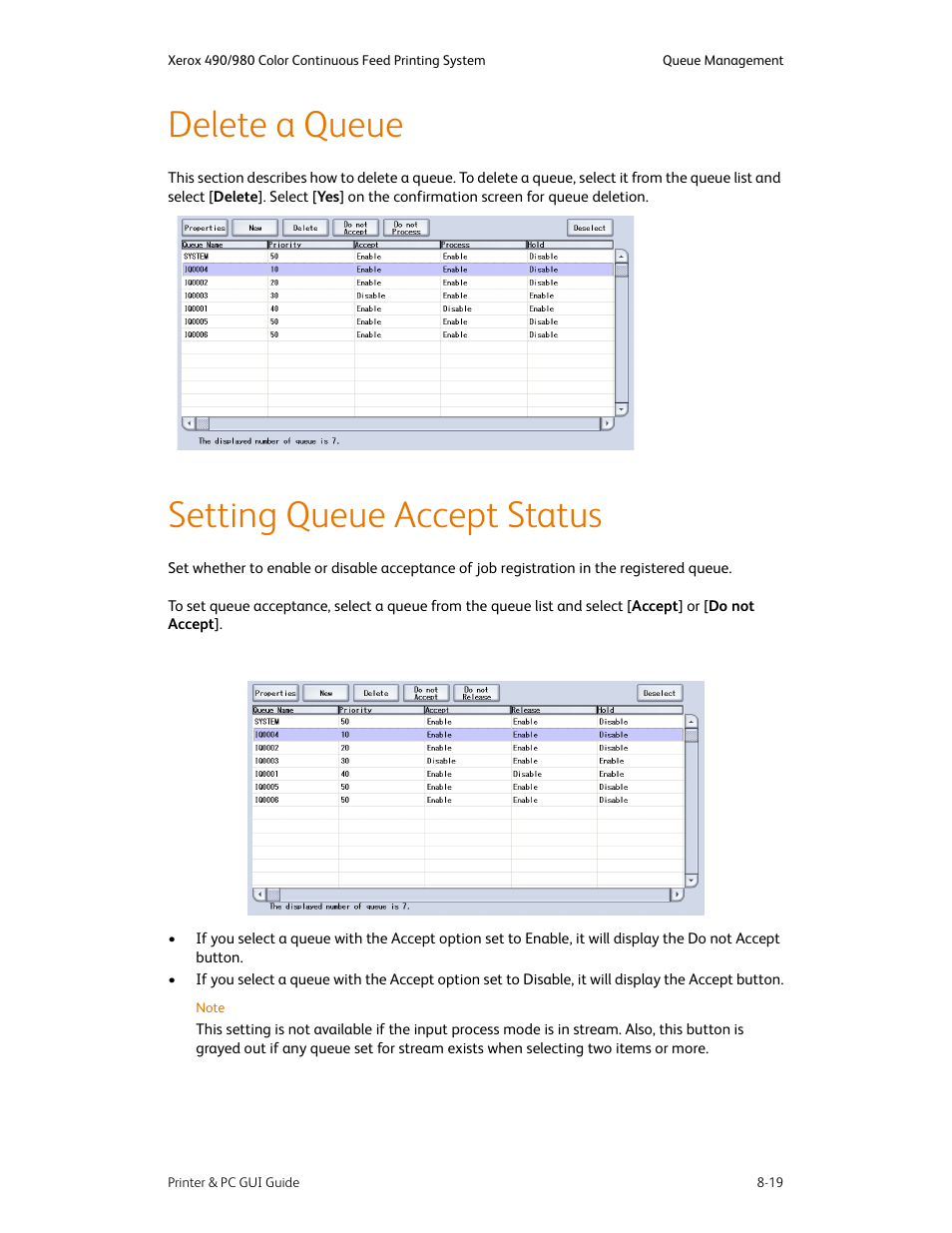 Delete a queue, Setting queue accept status, Delete a queue -19 setting queue accept status -19 | Xerox 490 User Manual | Page 131 / 262