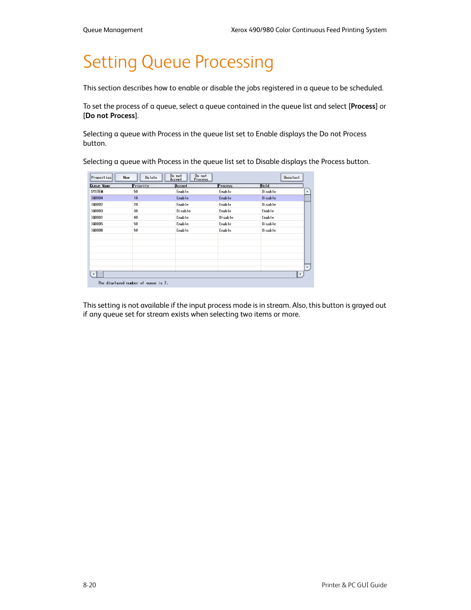 Setting queue processing, Setting queue processing -20 | Xerox 490 User Manual | Page 132 / 262
