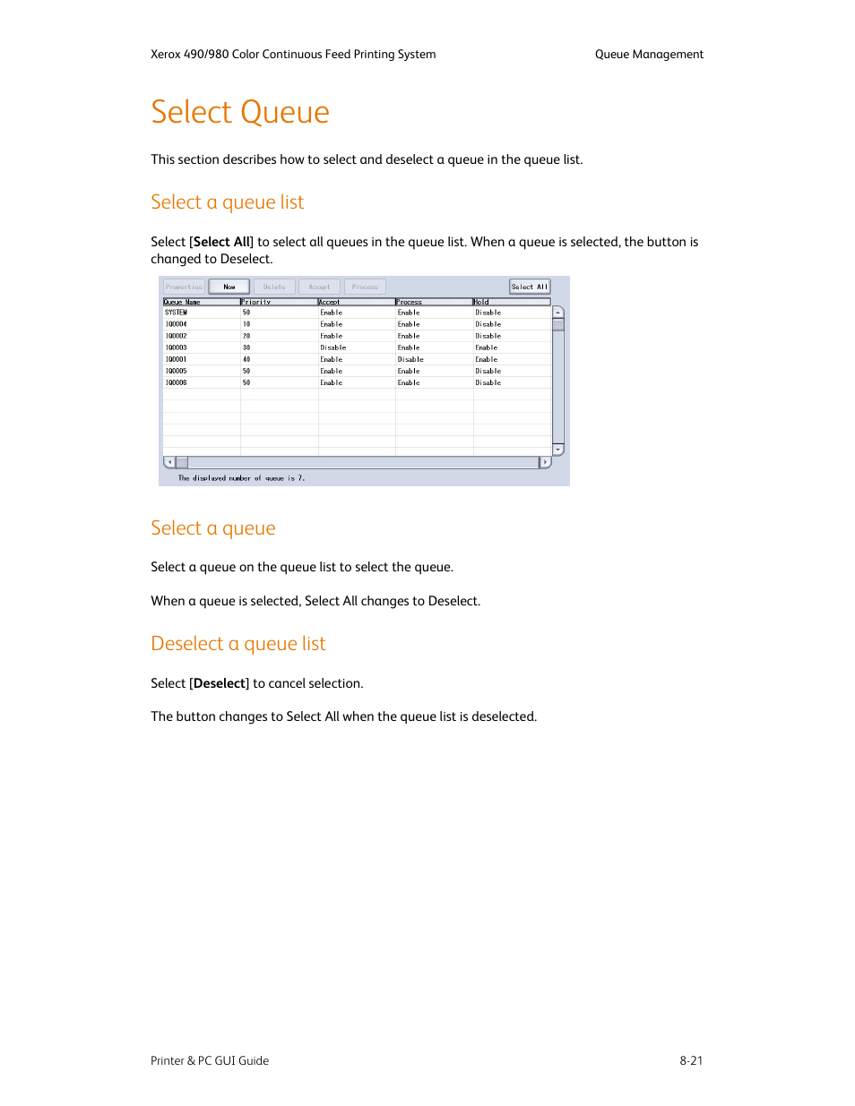 Select queue, Select a queue list, Select a queue | Deselect a queue list, Select queue -21 | Xerox 490 User Manual | Page 133 / 262