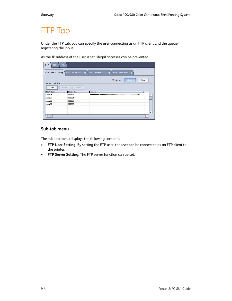Ftp tab, Ftp tab -4, Sub-tab menu -4 | Xerox 490 User Manual | Page 138 / 262