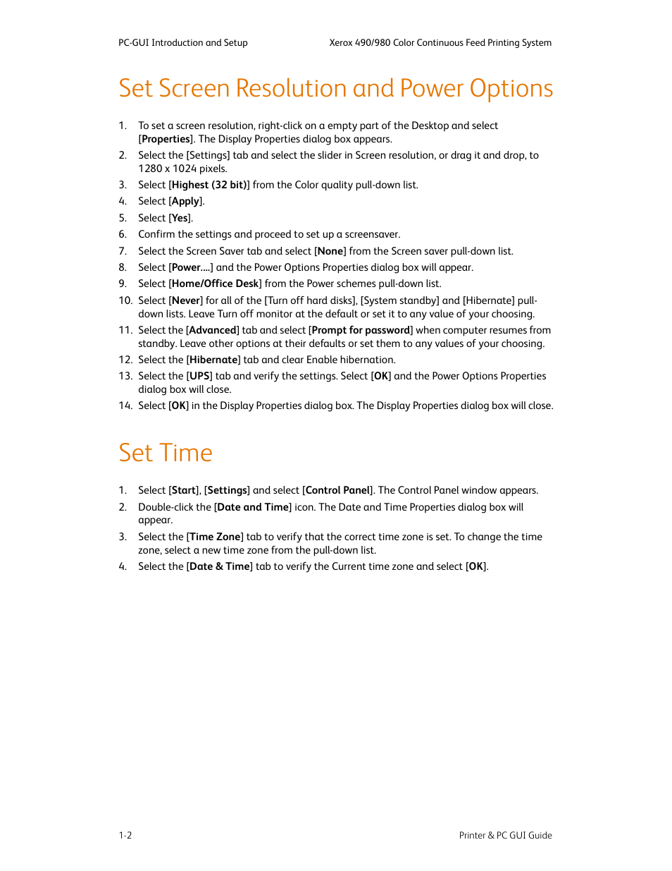 Set screen resolution and power options, Set time | Xerox 490 User Manual | Page 14 / 262