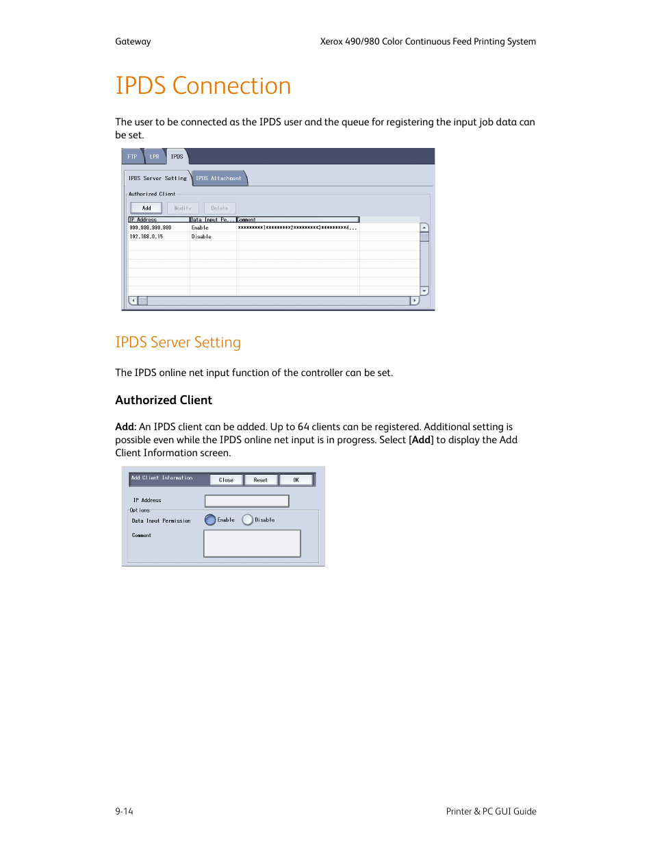 Ipds connection, Ipds server setting, Ipds connection -14 | Ipds server setting -14, Authorized client -14 | Xerox 490 User Manual | Page 148 / 262