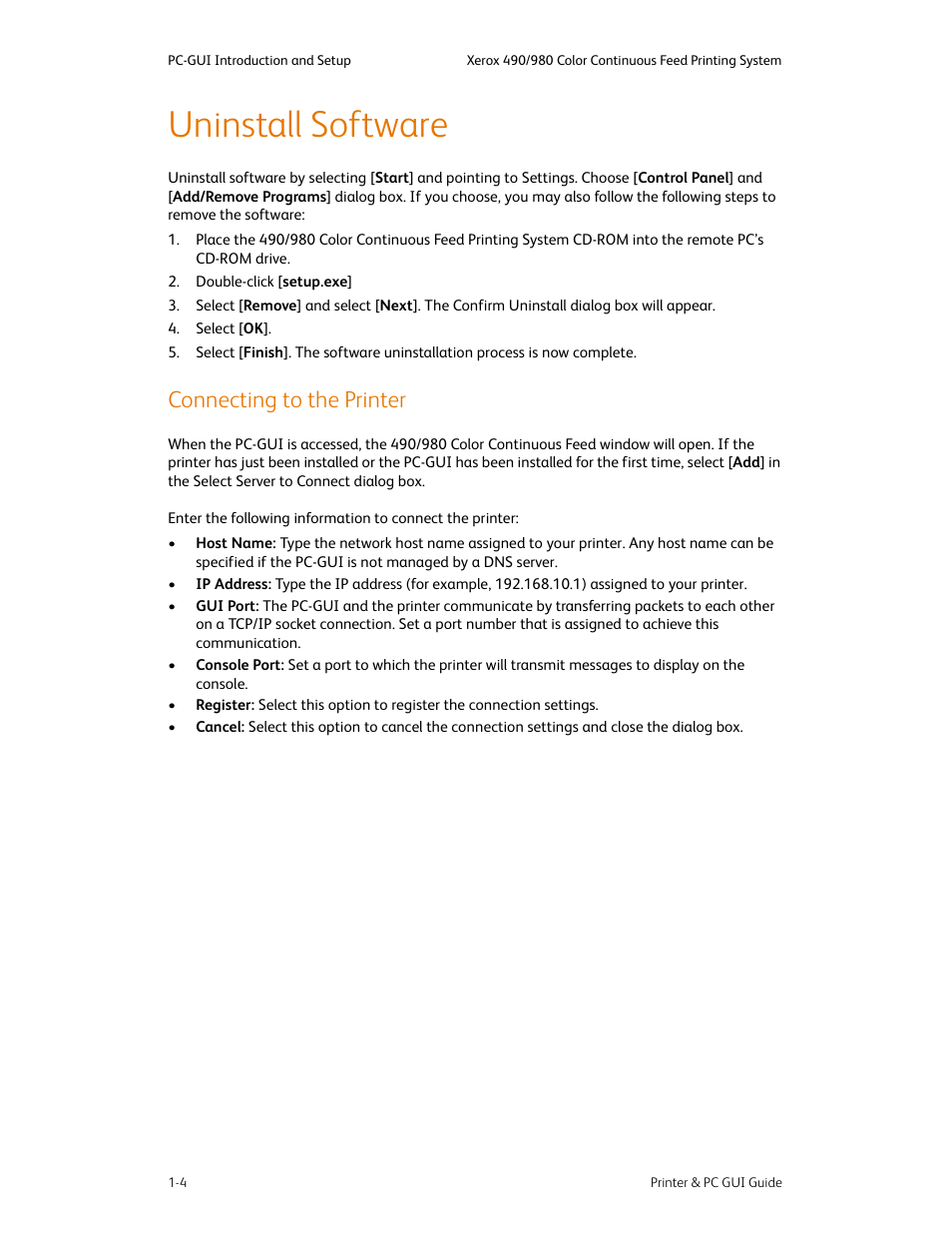 Uninstall software, Connecting to the printer, Uninstall software -4 | Connecting to the printer -4 | Xerox 490 User Manual | Page 16 / 262