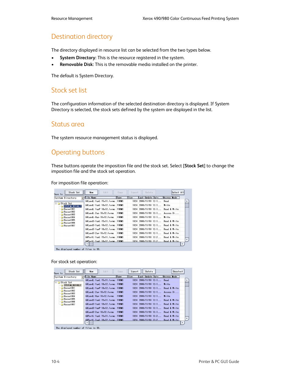 Destination directory, Stock set list, Status area | Operating buttons | Xerox 490 User Manual | Page 160 / 262