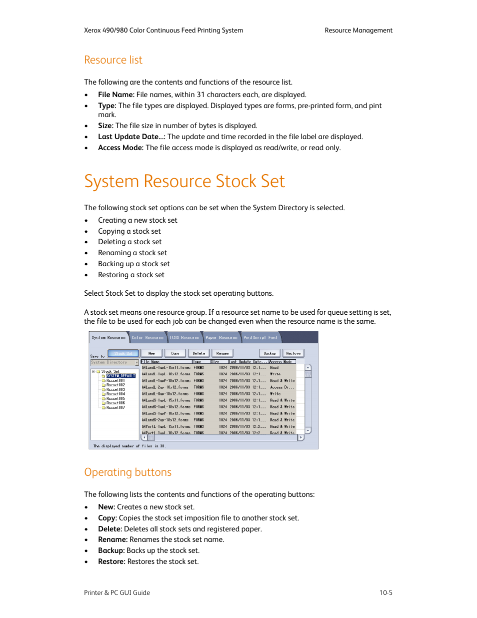 Resource list, System resource stock set, Operating buttons | Resource list -5, System resource stock set -5, Operating buttons -5 | Xerox 490 User Manual | Page 161 / 262