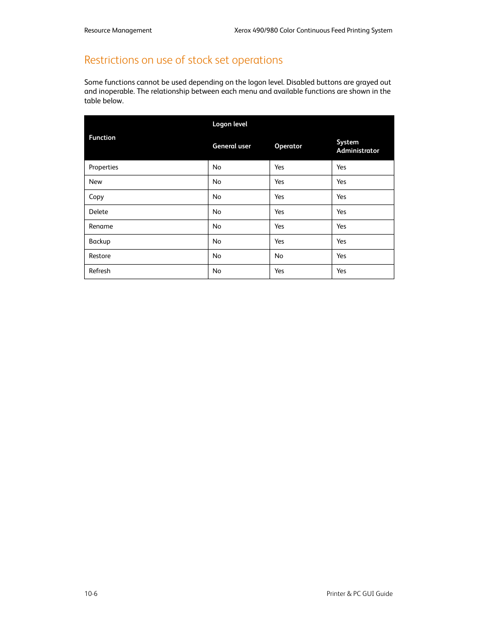 Restrictions on use of stock set operations, Restrictions on use of stock set operations -6 | Xerox 490 User Manual | Page 162 / 262