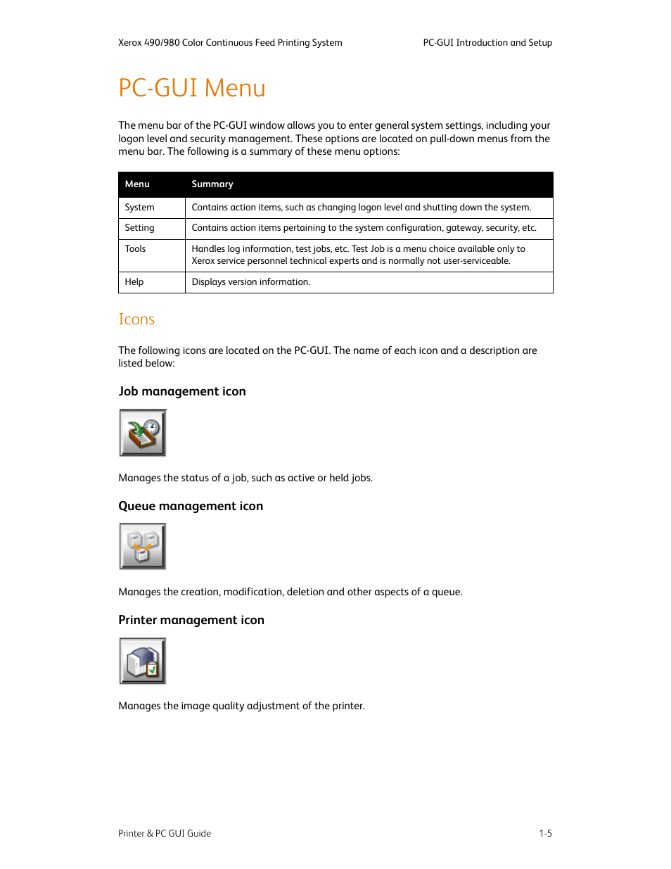 Pc-gui menu, Icons, Pc-gui menu -5 | Icons -5 | Xerox 490 User Manual | Page 17 / 262