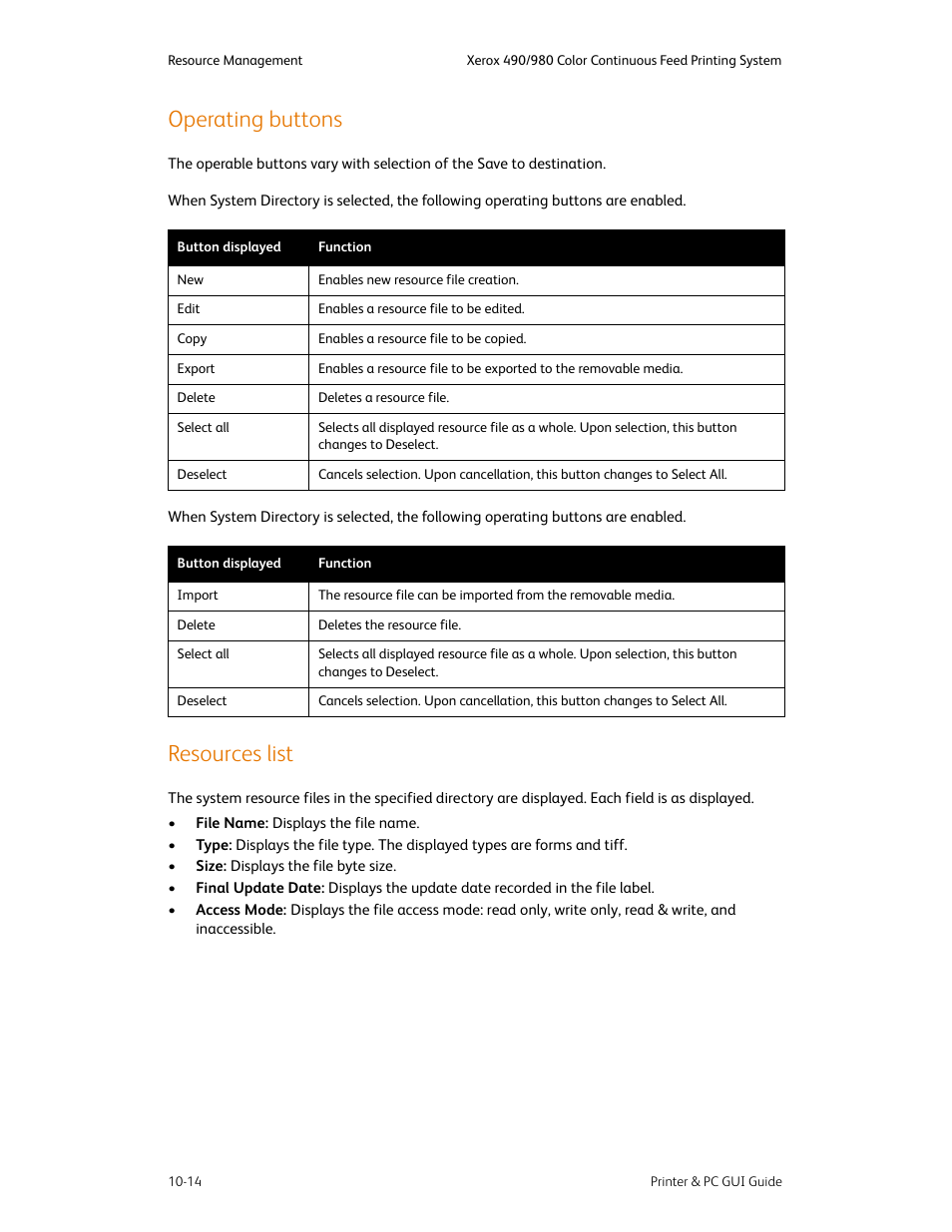 Operating buttons, Resources list, Operating buttons -14 resources list -14 | Xerox 490 User Manual | Page 170 / 262