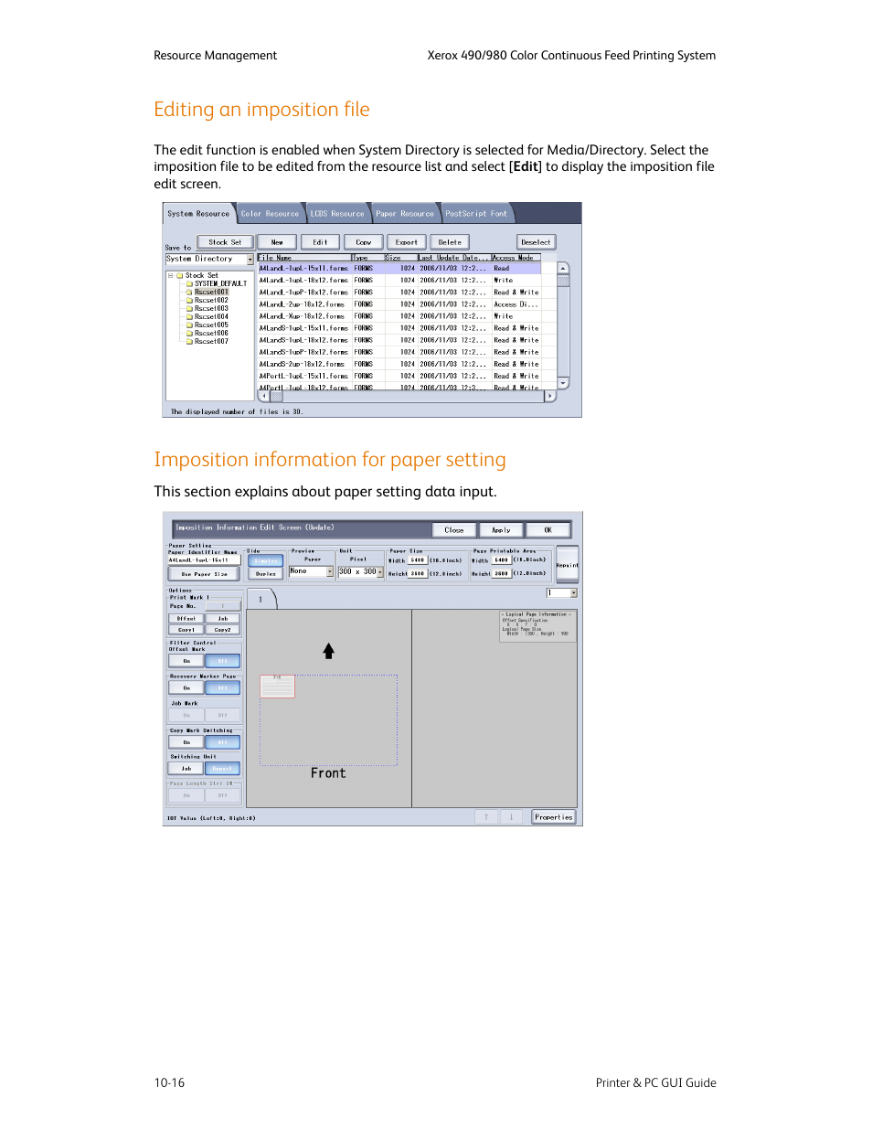 Editing an imposition file, Imposition information for paper setting | Xerox 490 User Manual | Page 172 / 262