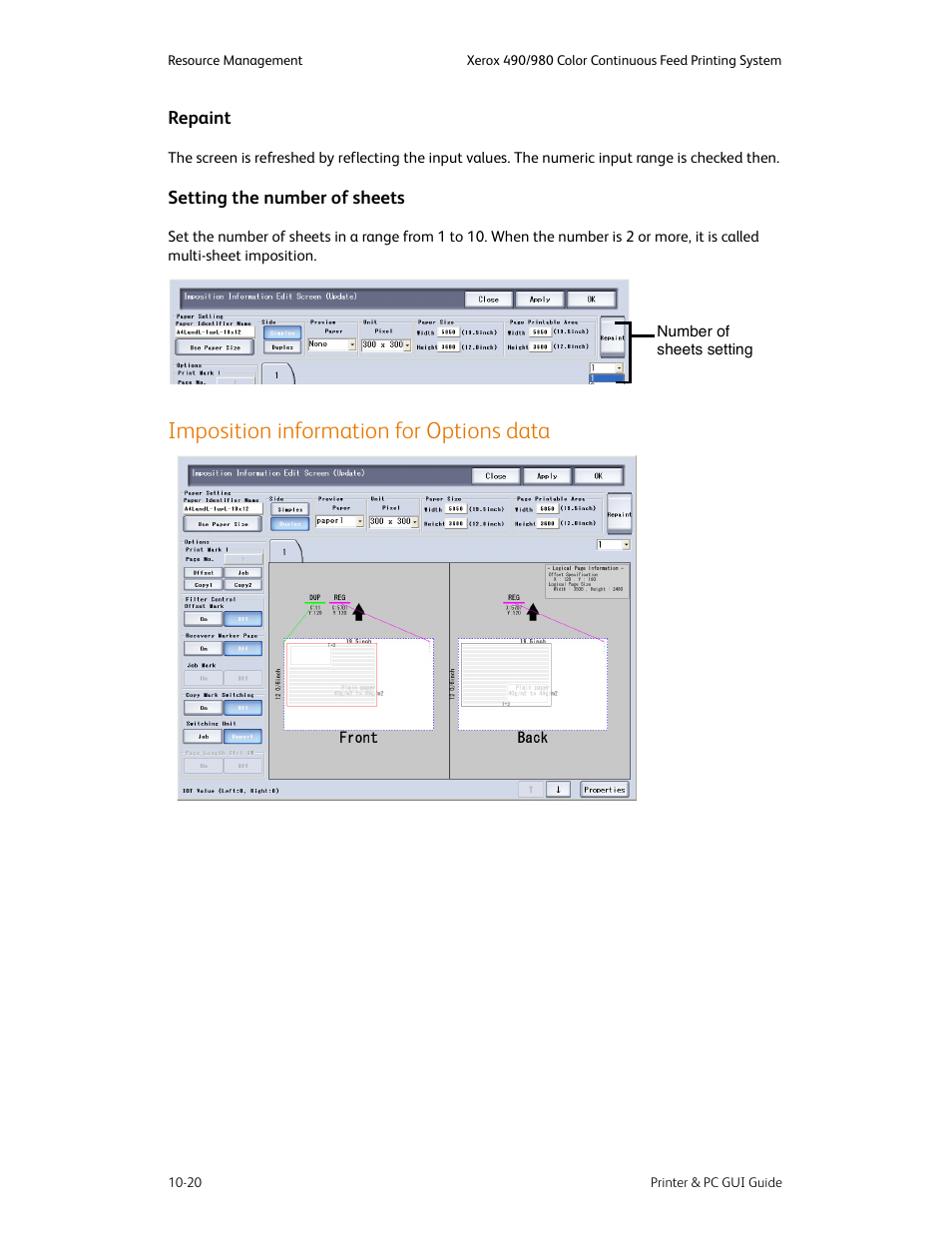 Imposition information for options data, Repaint -20 setting the number of sheets -20, Imposition information for options data -20 | Xerox 490 User Manual | Page 176 / 262