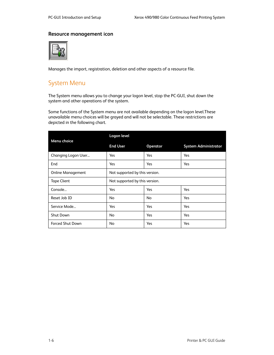 System menu, Resource management icon -6, System menu -6 | Resource management icon | Xerox 490 User Manual | Page 18 / 262
