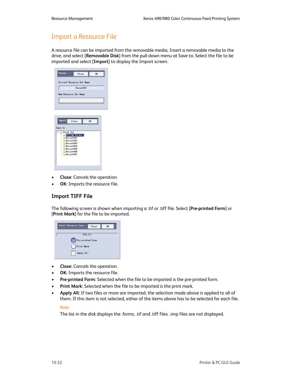 Import a resource file, Import a resource file -32, Import tiff file -32 | Xerox 490 User Manual | Page 188 / 262
