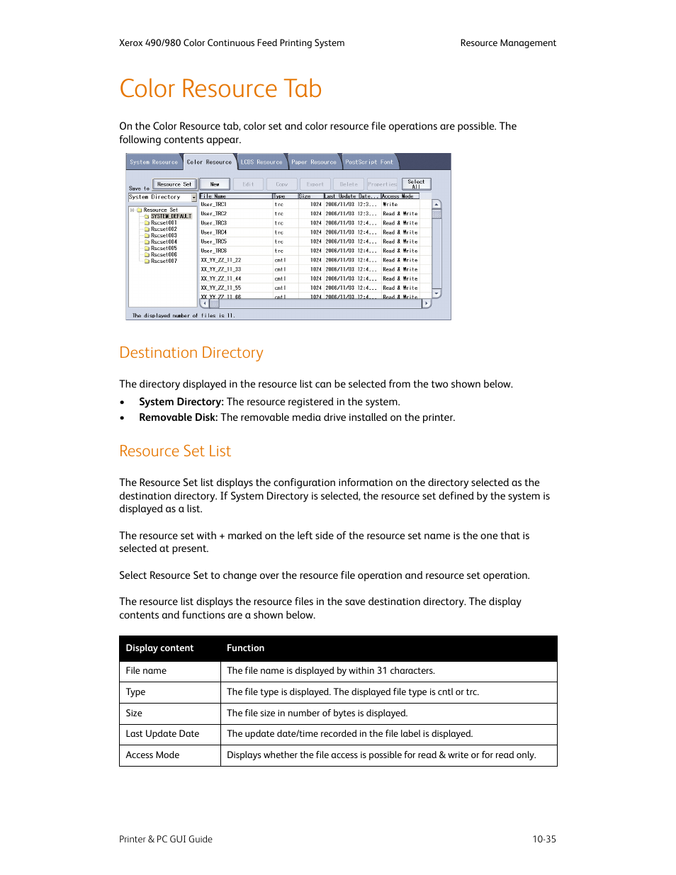 Color resource tab, Destination directory, Resource set list | Color resource tab -35, Destination directory -35 resource set list -35 | Xerox 490 User Manual | Page 191 / 262