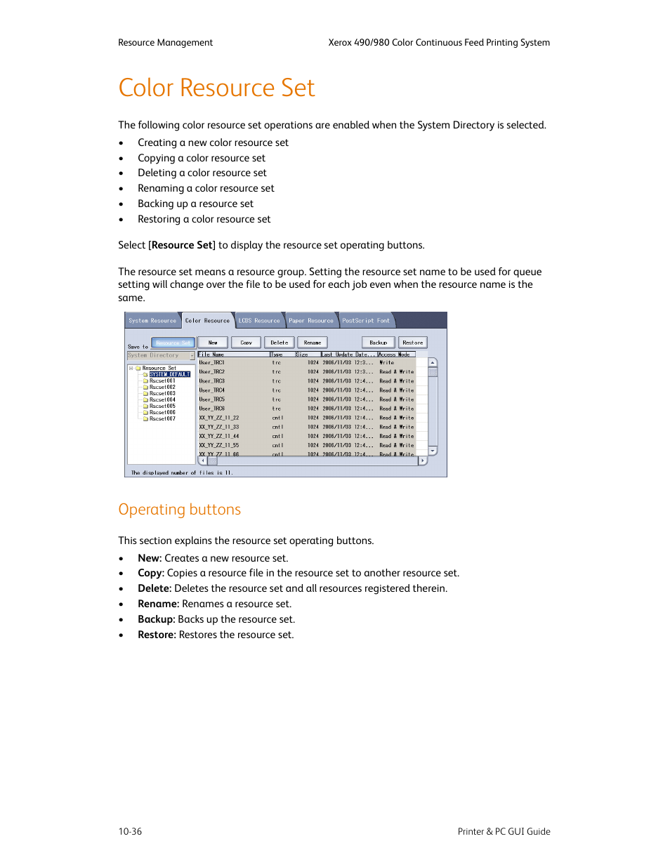 Color resource set, Operating buttons, Color resource set -36 | Operating buttons -36 | Xerox 490 User Manual | Page 192 / 262