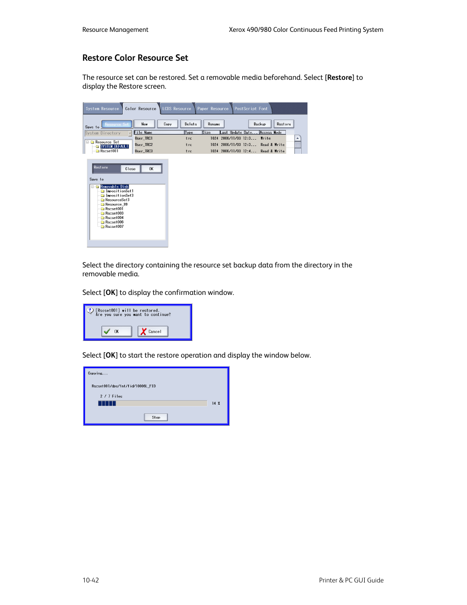 Restore color resource set -42 | Xerox 490 User Manual | Page 198 / 262