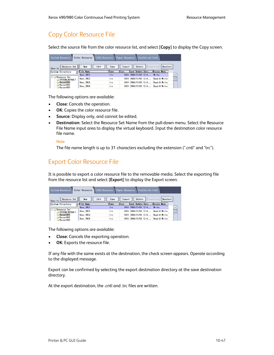 Copy color resource file, Export color resource file | Xerox 490 User Manual | Page 203 / 262