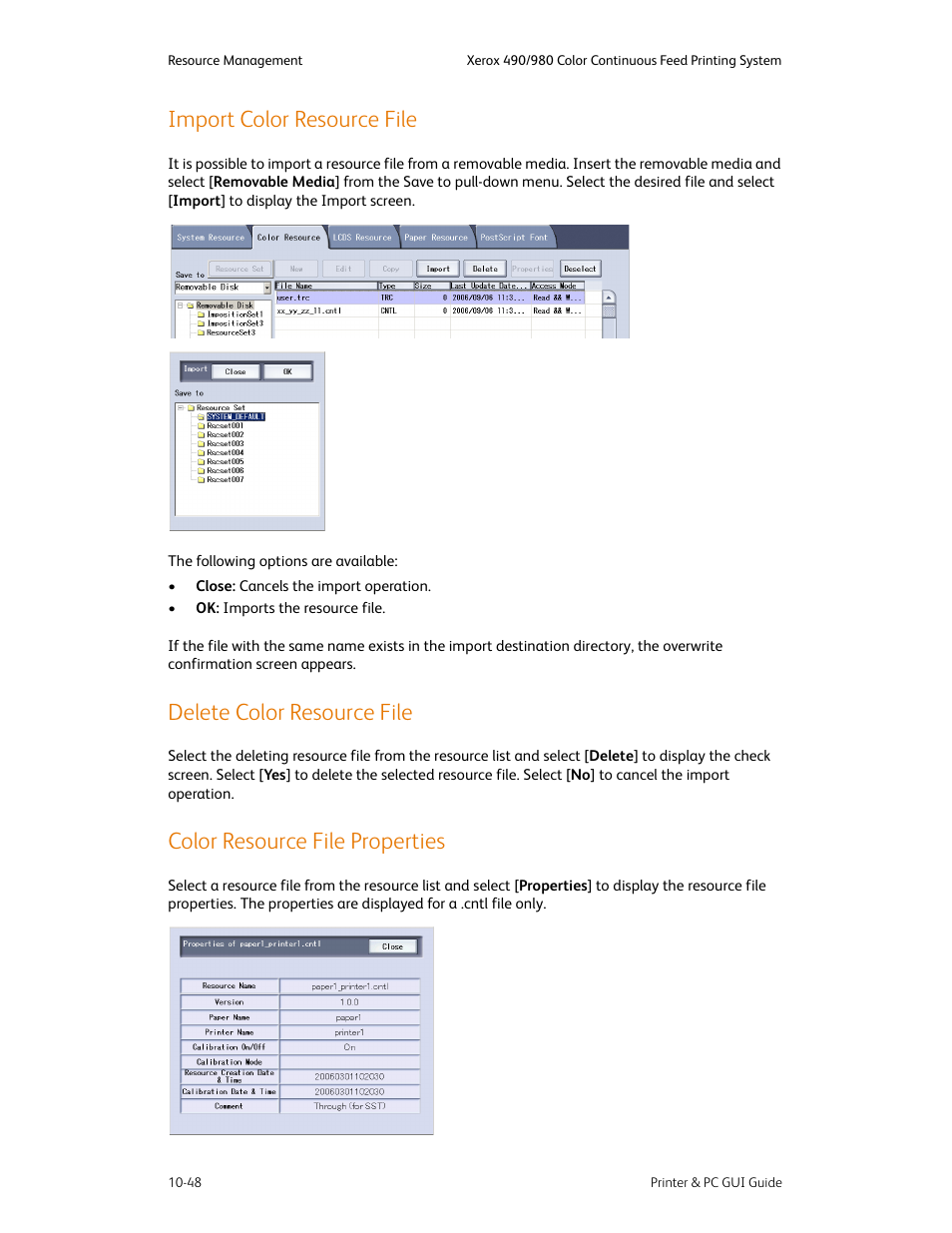 Import color resource file, Delete color resource file, Color resource file properties | Xerox 490 User Manual | Page 204 / 262