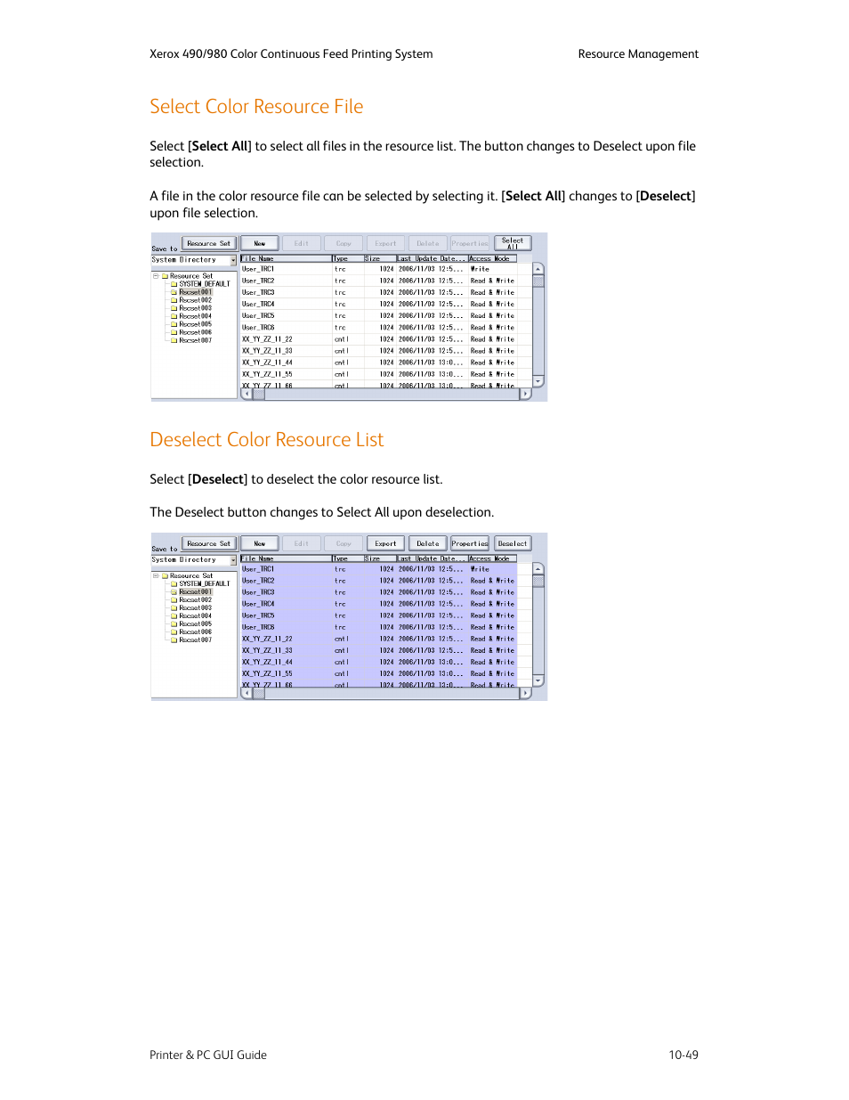 Select color resource file, Deselect color resource list | Xerox 490 User Manual | Page 205 / 262