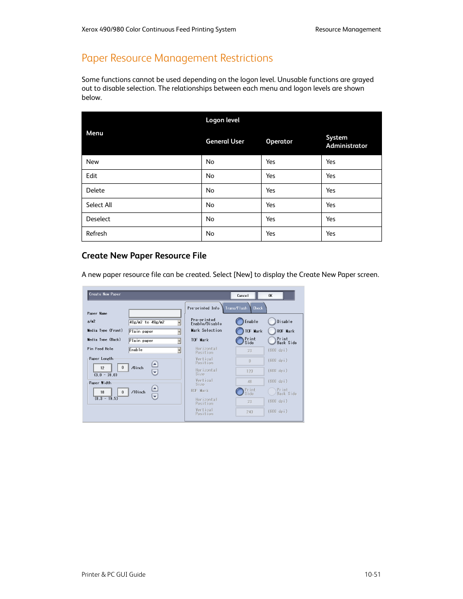 Paper resource management restrictions, Paper resource management restrictions -51, Create new paper resource file -51 | Create new paper resource file | Xerox 490 User Manual | Page 207 / 262