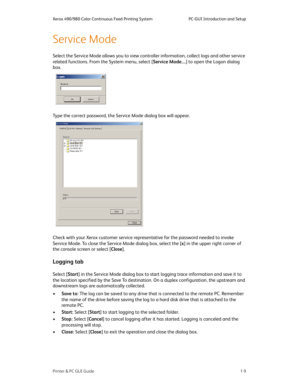 Service mode, Service mode -9, Logging tab -9 | Xerox 490 User Manual | Page 21 / 262