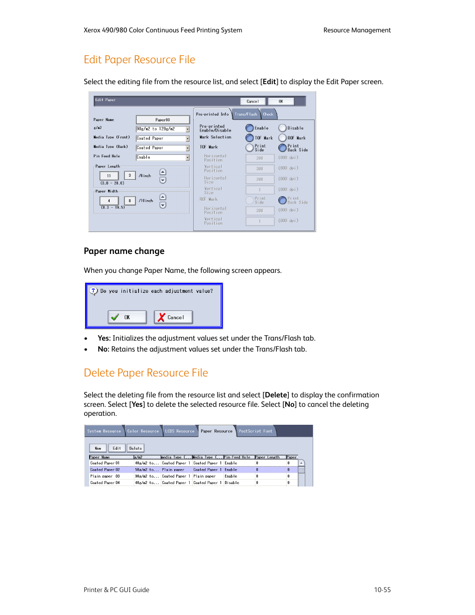 Edit paper resource file, Delete paper resource file, Edit paper resource file -55 | Paper name change -55, Delete paper resource file -55 | Xerox 490 User Manual | Page 211 / 262
