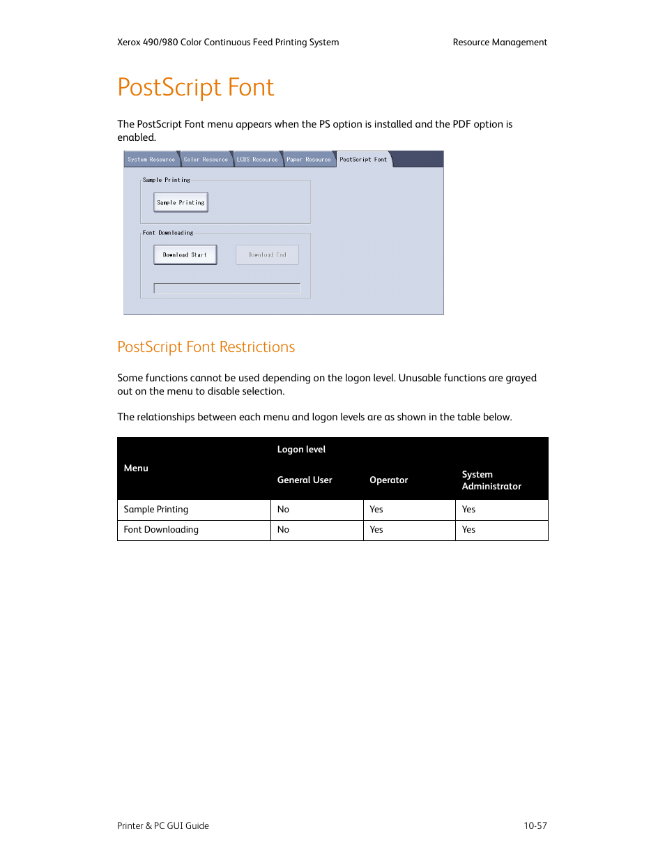 Postscript font, Postscript font restrictions, Postscript font -57 | Postscript font restrictions -57 | Xerox 490 User Manual | Page 213 / 262