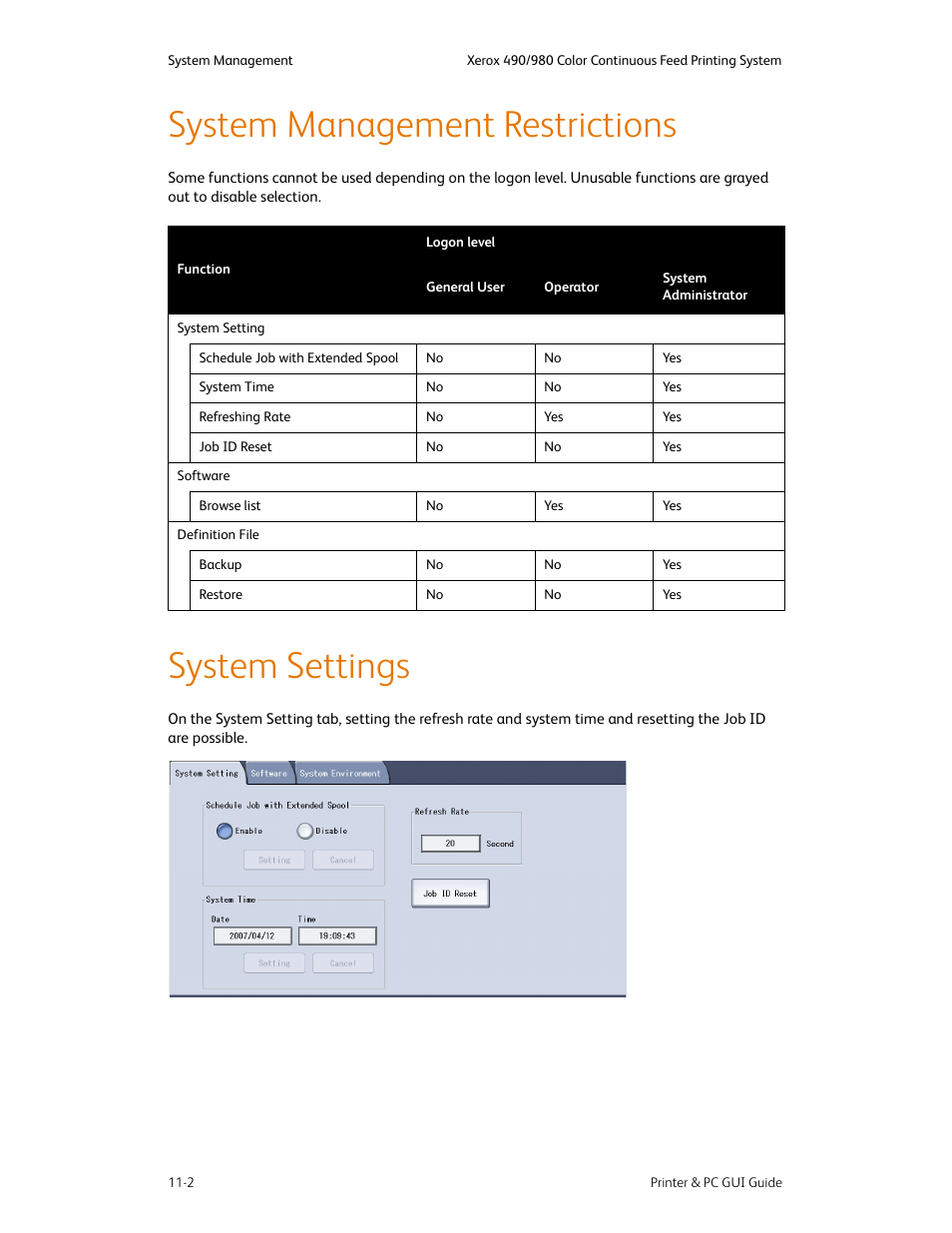 System management restrictions, System settings | Xerox 490 User Manual | Page 218 / 262