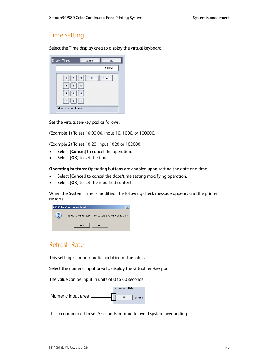 Time setting, Refresh rate, Time setting -5 refresh rate -5 | Xerox 490 User Manual | Page 221 / 262