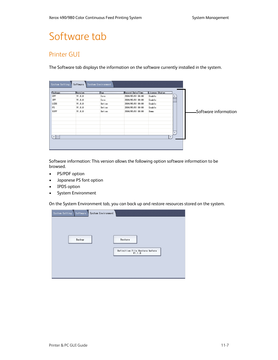 Software tab, Printer gui, Software tab -7 | Printer gui -7 | Xerox 490 User Manual | Page 223 / 262