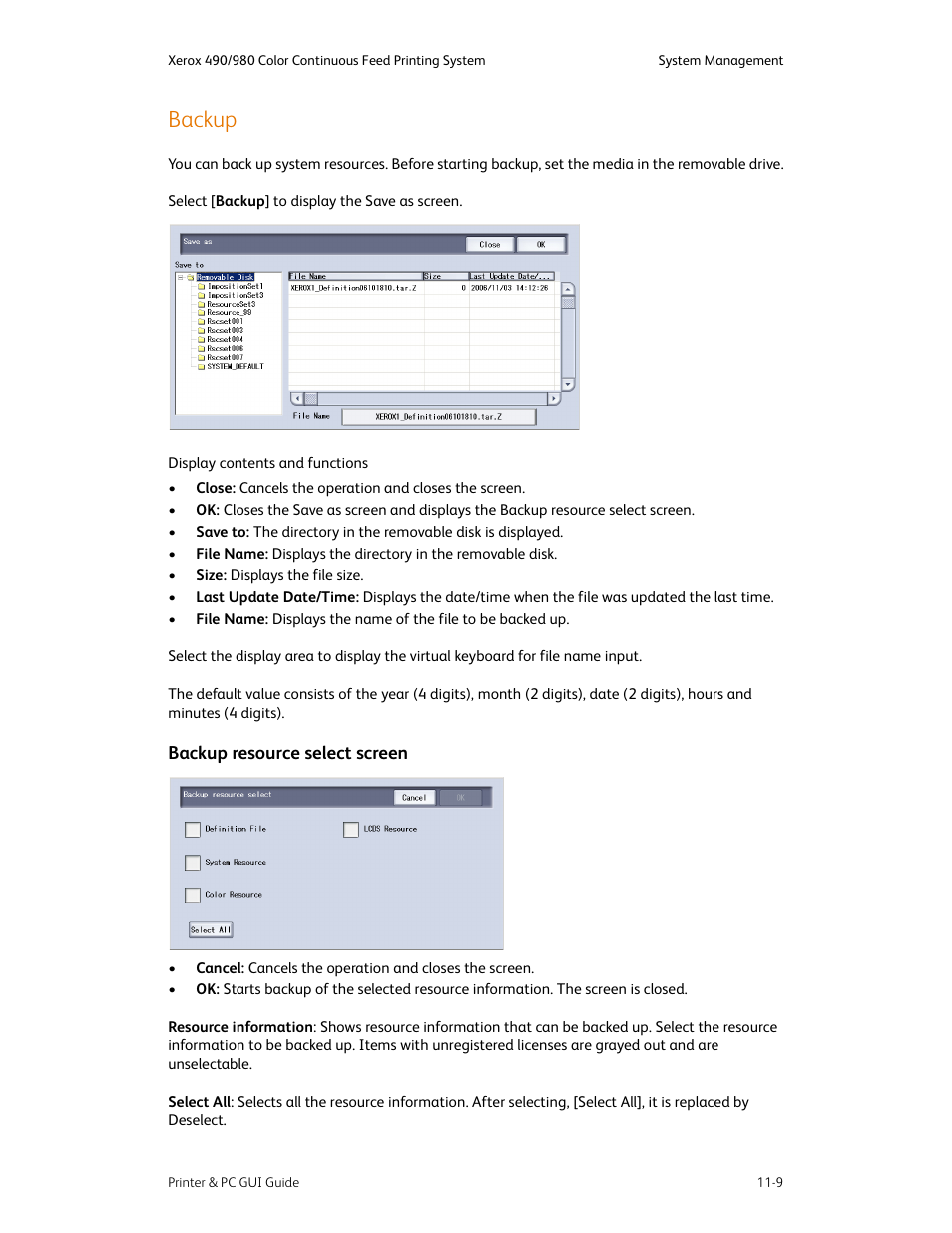 Backup, Backup -9, Backup resource select screen -9 | Xerox 490 User Manual | Page 225 / 262