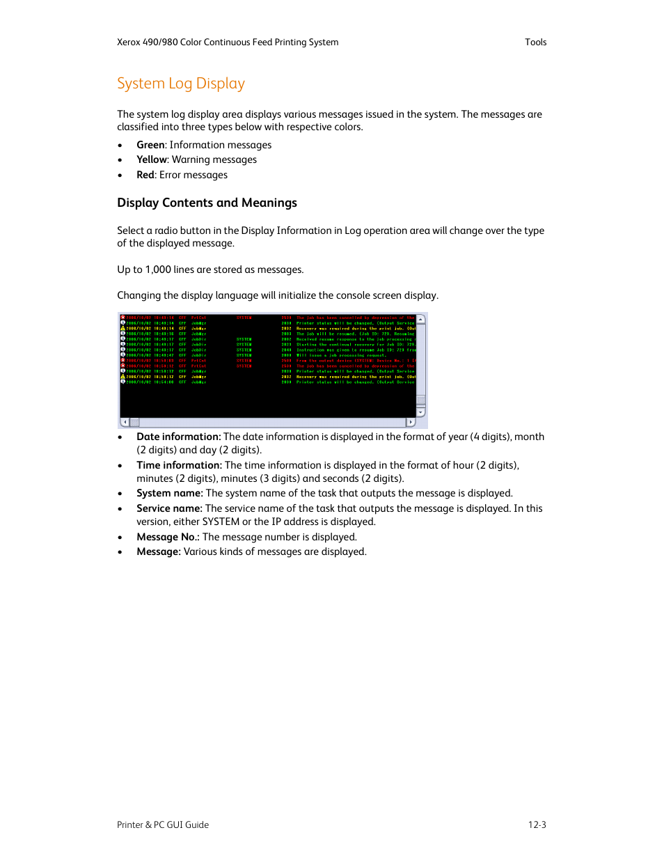 System log display, System log display -3, Display contents and meanings -3 | Xerox 490 User Manual | Page 231 / 262