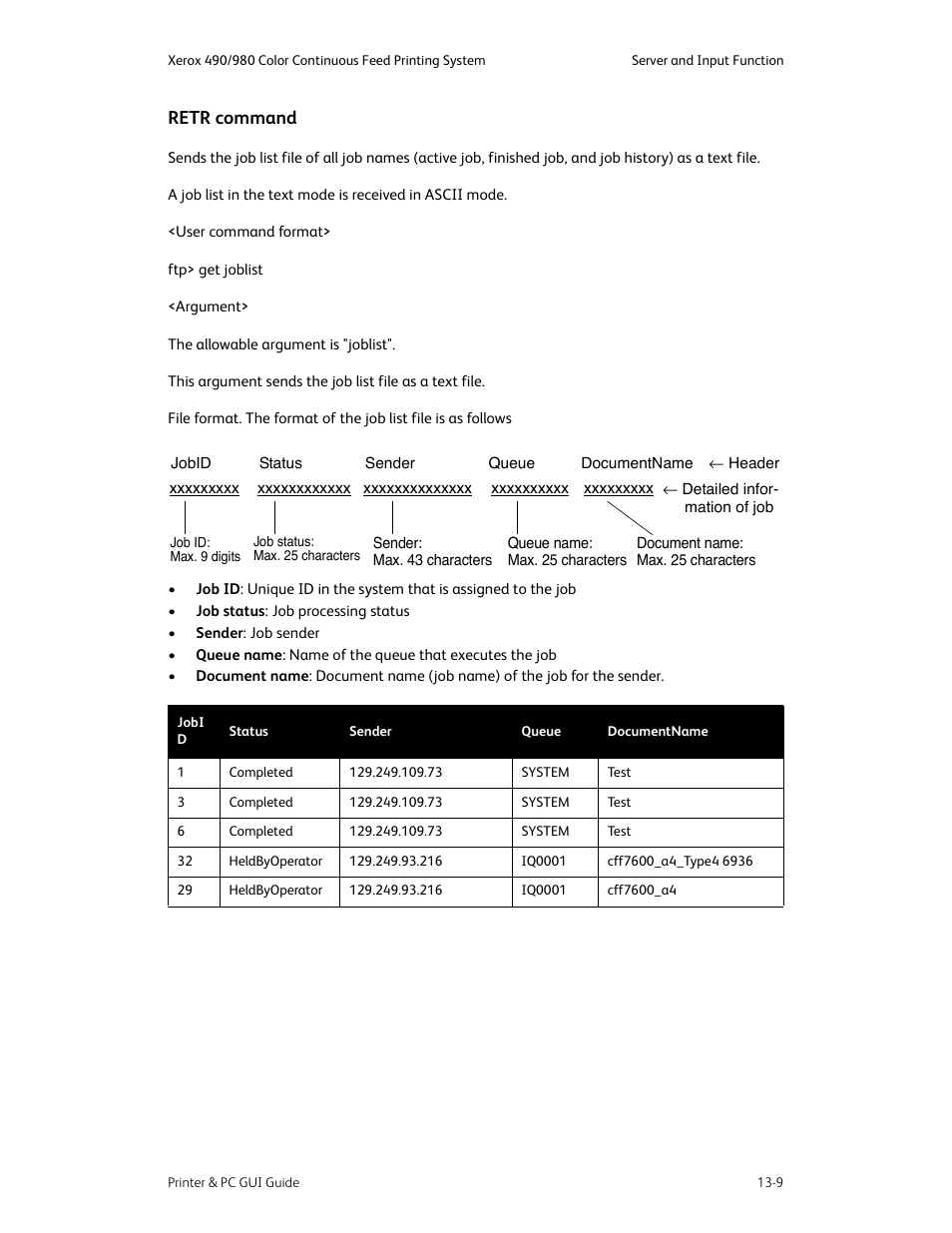 Retr command -9, Retr command | Xerox 490 User Manual | Page 243 / 262
