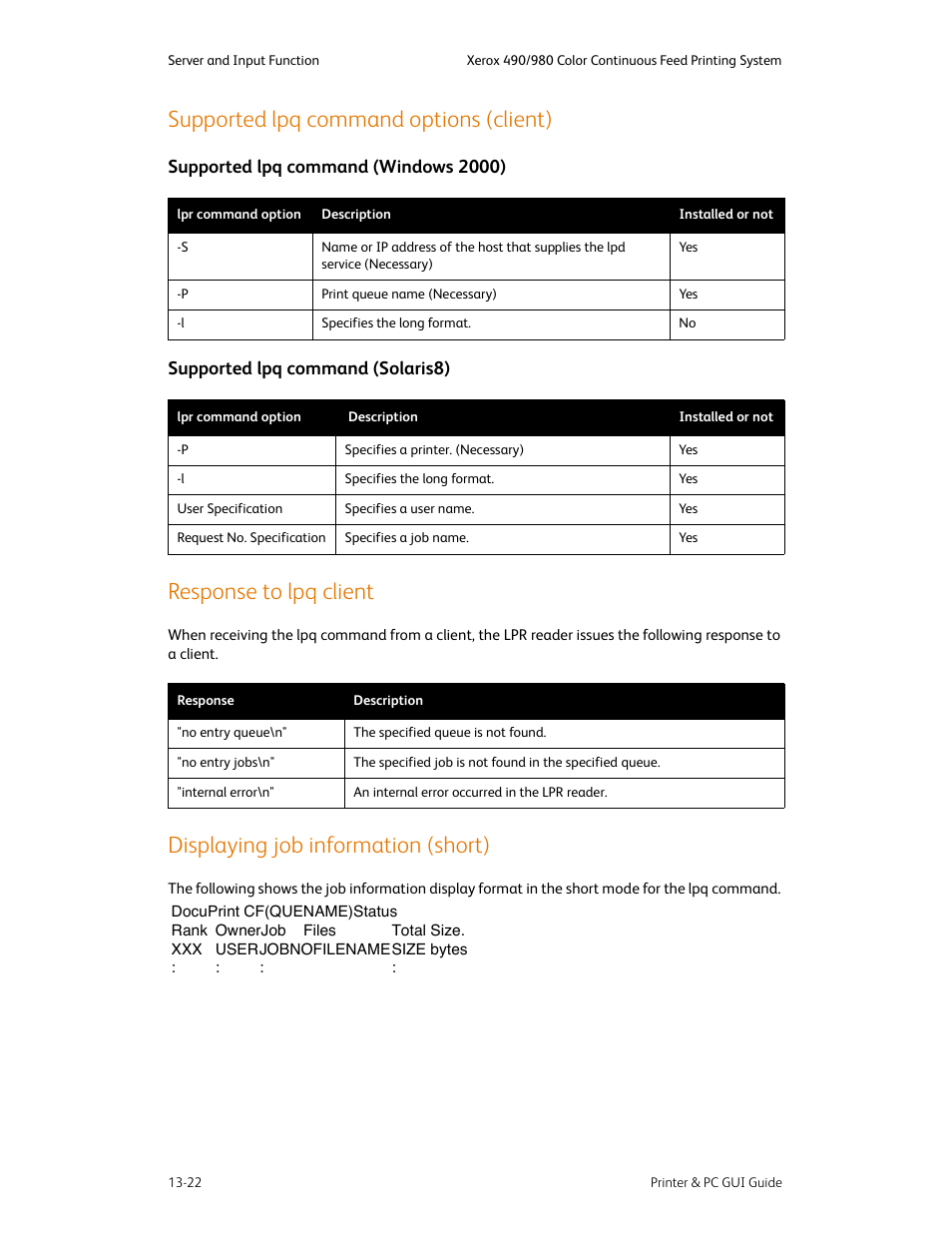 Supported lpq command options (client), Response to lpq client, Displaying job information (short) | Supported lpq command options (client) -22 | Xerox 490 User Manual | Page 256 / 262