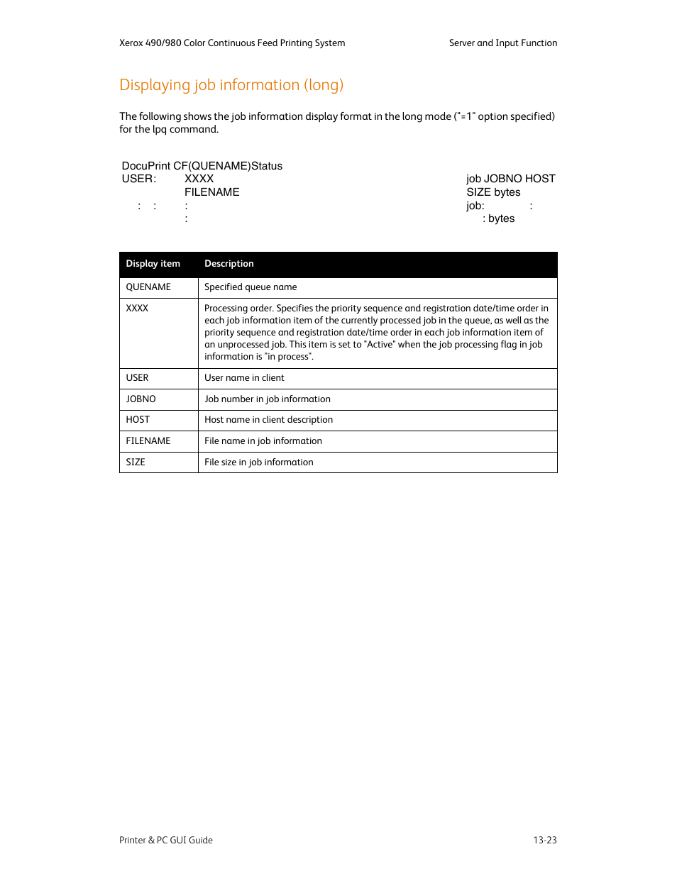 Displaying job information (long), Displaying job information (long) -23 | Xerox 490 User Manual | Page 257 / 262