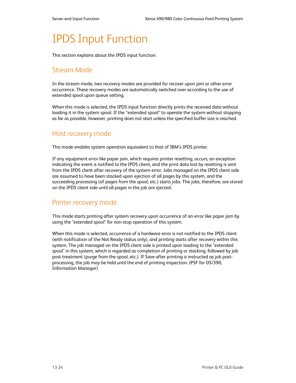 Ipds input function, Stream mode, Host recovery mode | Printer recovery mode, Ipds input function -24 | Xerox 490 User Manual | Page 258 / 262