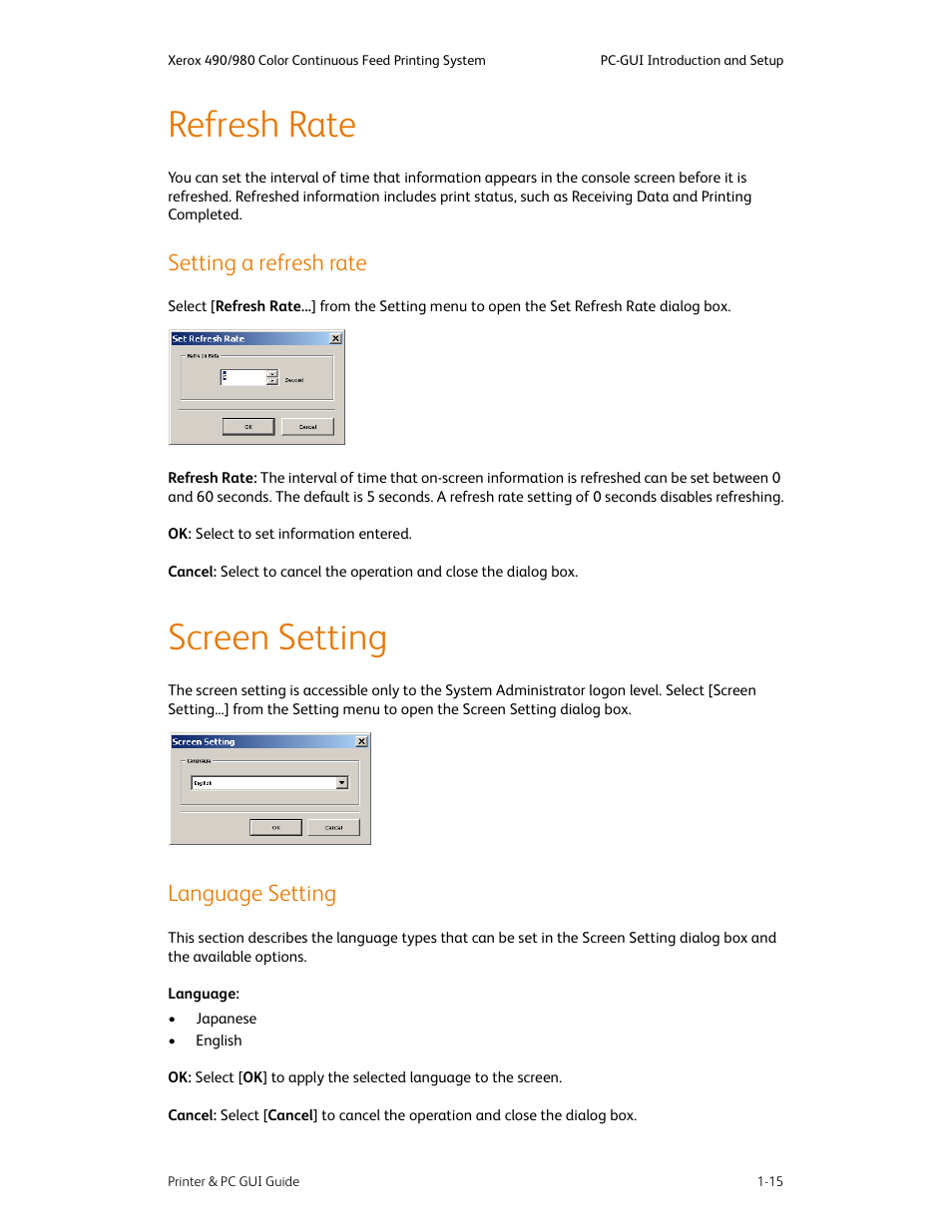 Refresh rate, Setting a refresh rate, Screen setting | Language setting, Refresh rate -15, Setting a refresh rate -15, Screen setting -15, Language setting -15 | Xerox 490 User Manual | Page 27 / 262