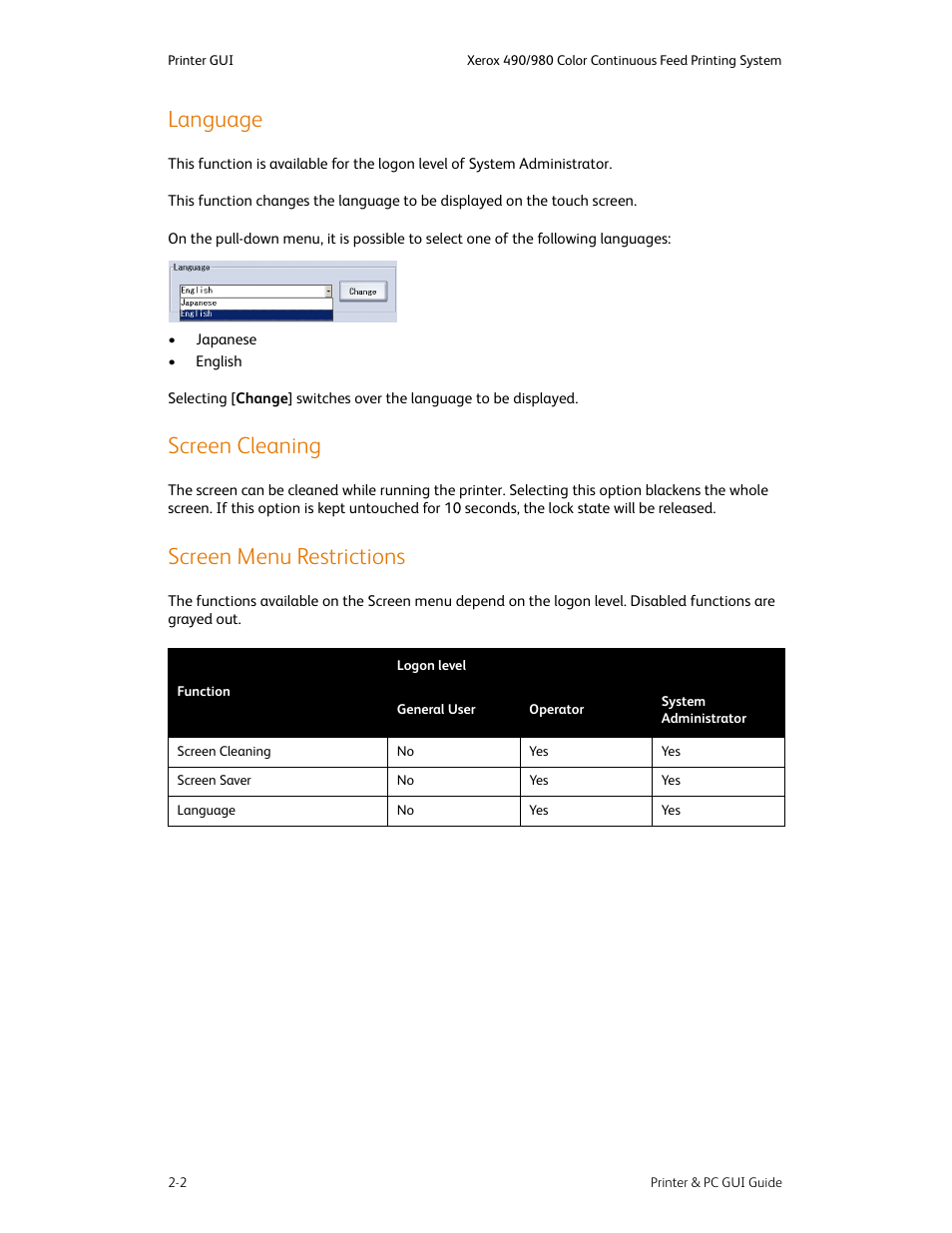 Language, Screen cleaning, Screen menu restrictions | Xerox 490 User Manual | Page 30 / 262