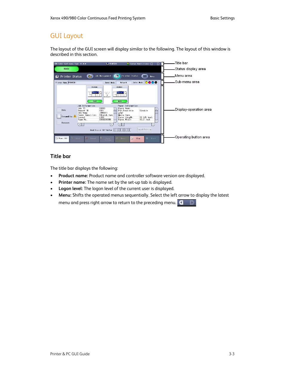 Gui layout, Gui layout -3, Title bar -3 | Xerox 490 User Manual | Page 33 / 262