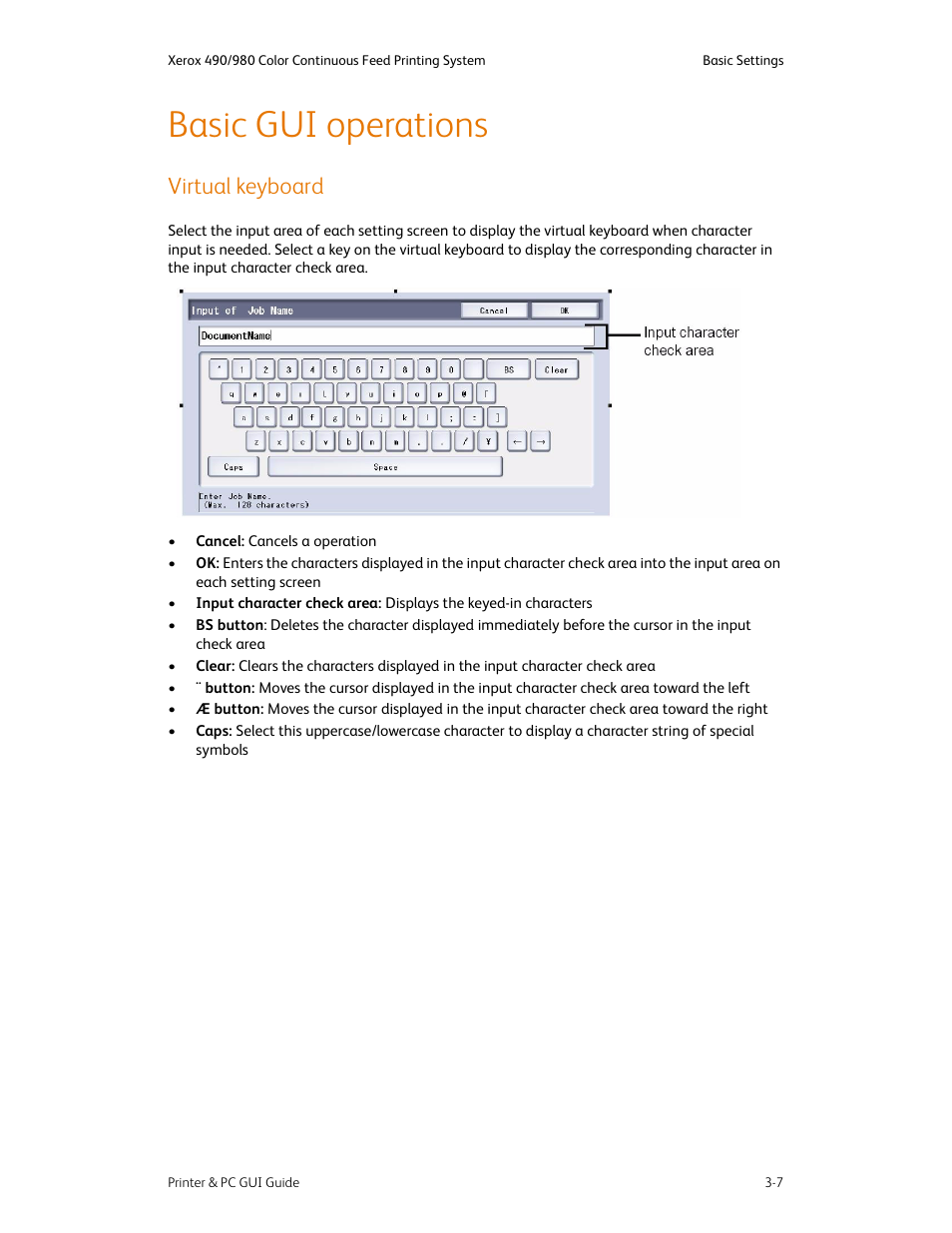 Basic gui operations, Virtual keyboard, Basic gui operations -7 | Virtual keyboard -7 | Xerox 490 User Manual | Page 37 / 262