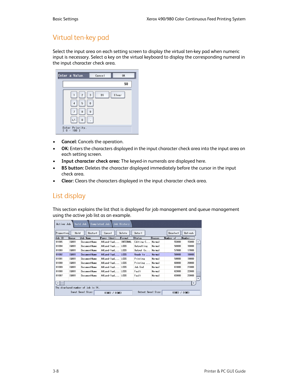 Virtual ten-key pad, List display, Virtual ten-key pad -8 list display -8 | Xerox 490 User Manual | Page 38 / 262