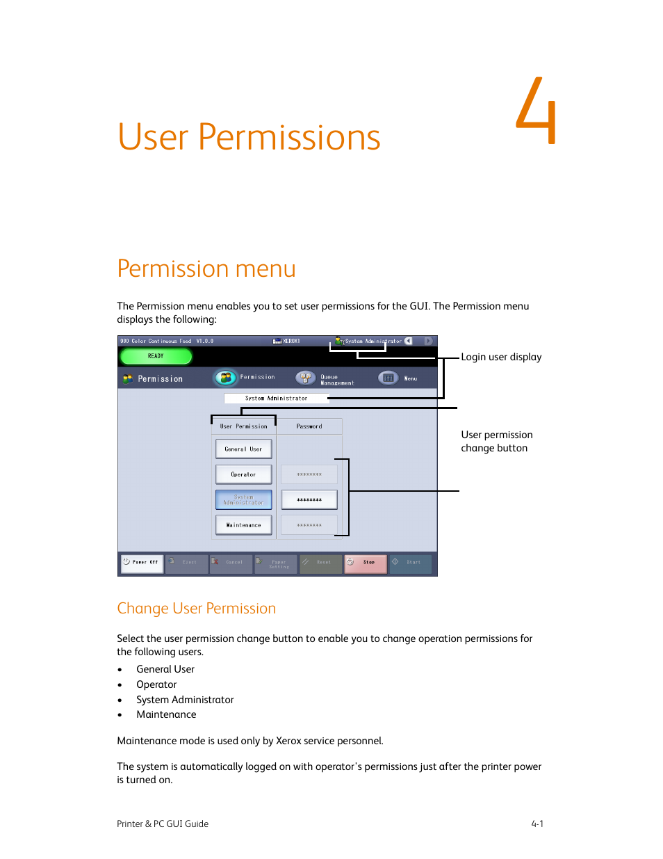 User permissions, Permission menu, Change user permission | User permissions -1, Permission menu -1, Change user permission -1 | Xerox 490 User Manual | Page 41 / 262