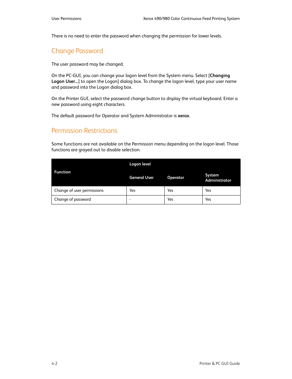 Change password, Permission restrictions, Change password -2 permission restrictions -2 | Xerox 490 User Manual | Page 42 / 262