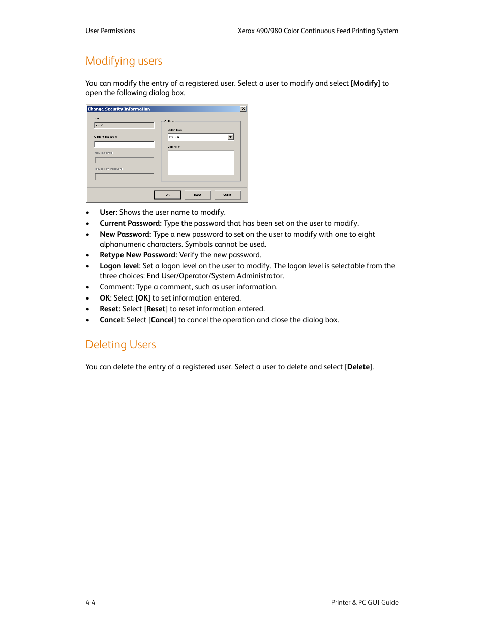 Modifying users, Deleting users, Modifying users -4 deleting users -4 | Xerox 490 User Manual | Page 44 / 262