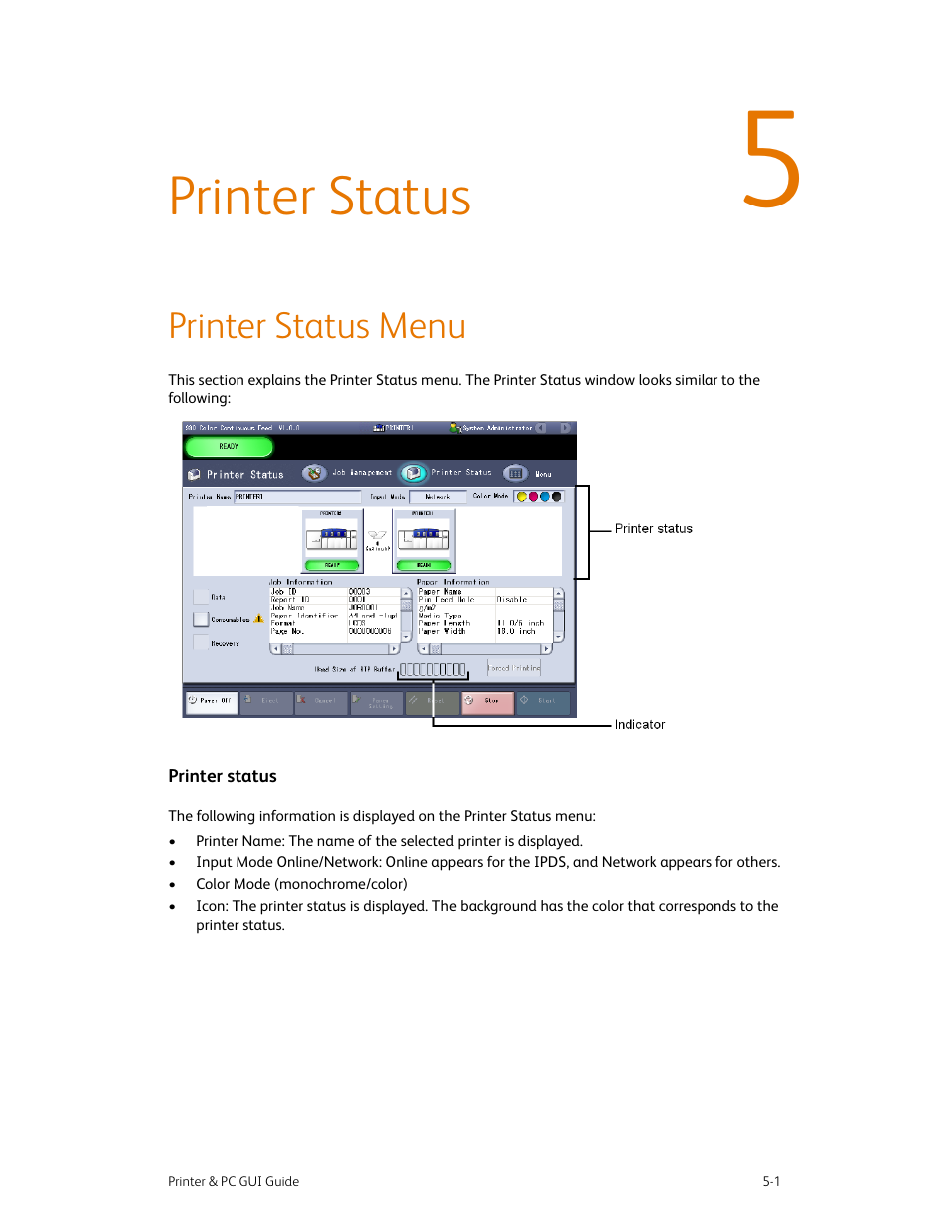 Printer status, Printer status menu, Printer status -1 | Printer status menu -1 | Xerox 490 User Manual | Page 45 / 262