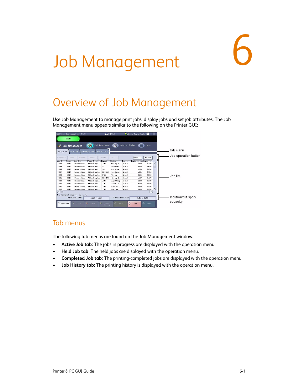 Job management, Overview of job management, Tab menus | Job management -1, Overview of job management -1, Tab menus -1 | Xerox 490 User Manual | Page 49 / 262